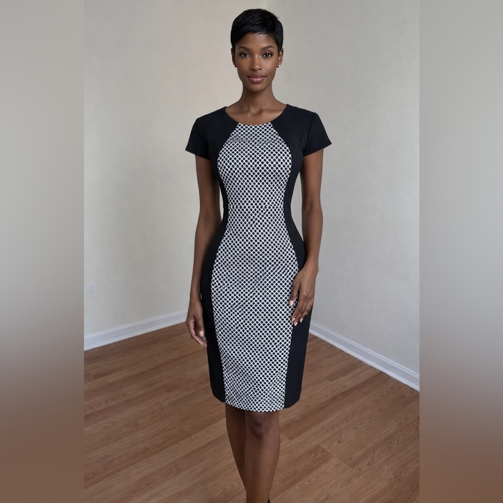 Liz Claiborne Black & White Colorblock Sheath Dress Size 10 Career Work Midi